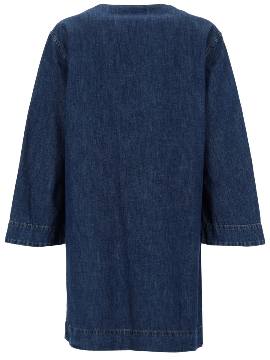 Chambray Tunic Dress with V Pockets