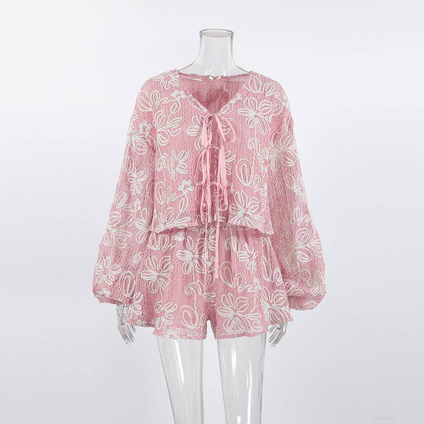 V-Neck Long Sleeve Lace-Up Top & Shorts Two-Piece Set