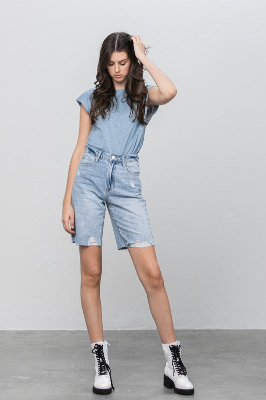 High Rise Denim Bermuda Shorts