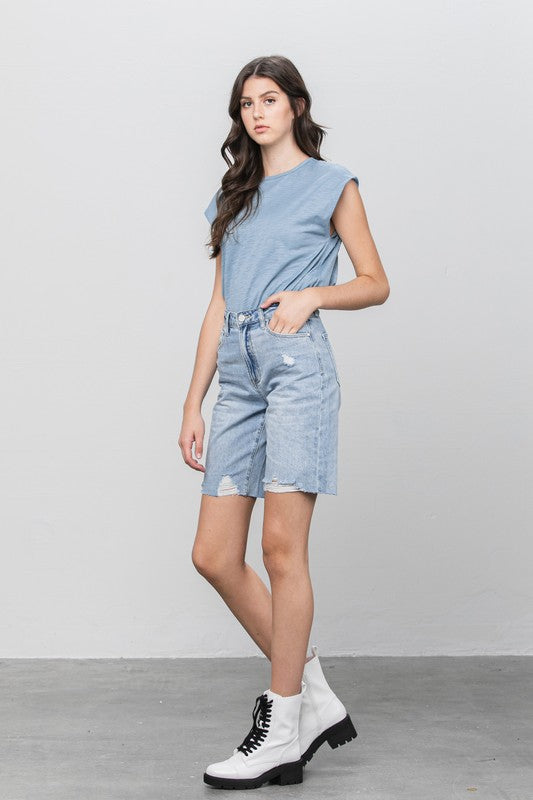 High Rise Denim Bermuda Shorts