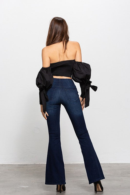 MID-RISE BANDED WIDER FLARE JEANS