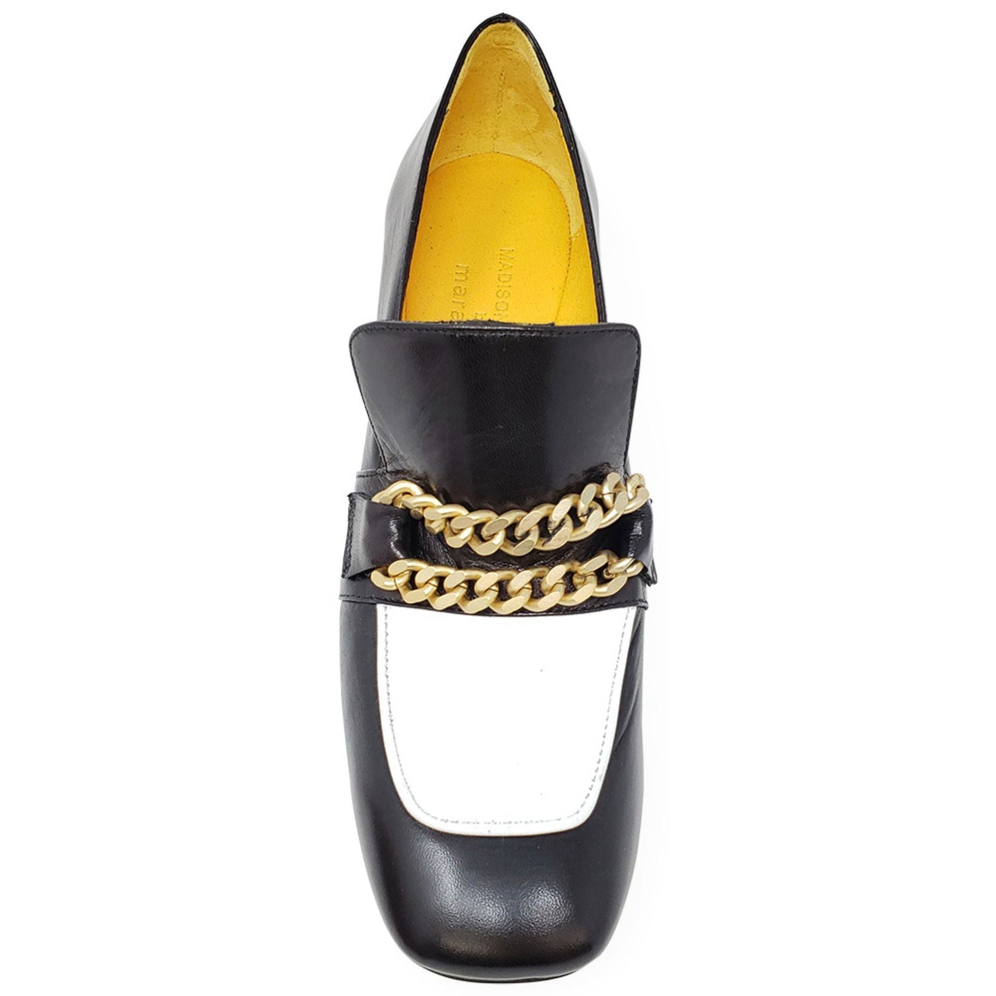 Black & White Leather Mid Heel Loafer W/Chain