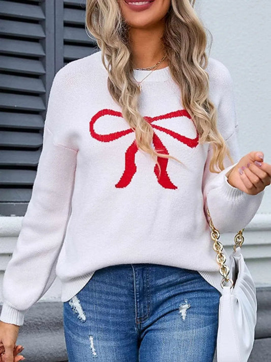 Trendsi Charming bow print long sleeve sweater