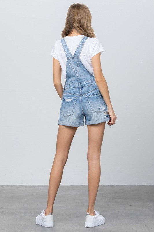 High Rise Roll Up Denim Overall Romper