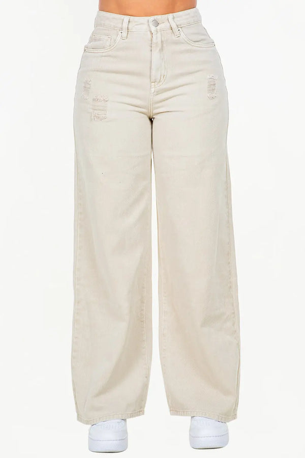 Jeans - High Waist Distressed - Wide Leg