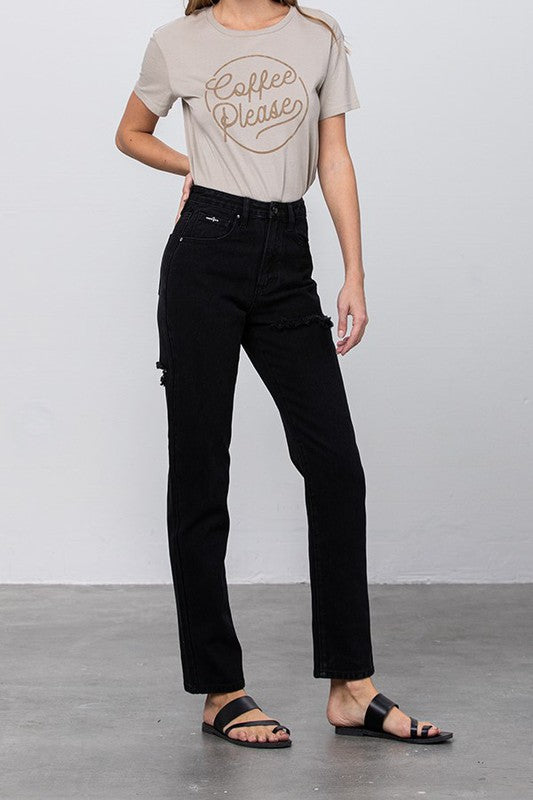 High waist destroyed mom jeans in black non-stretch denim, ripped at knee, size 3 (waist 28", inseam 29").
