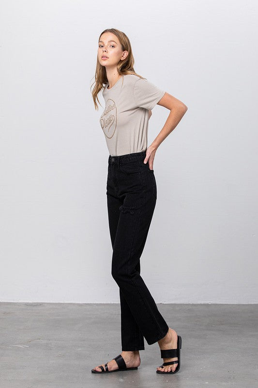 Model wears High Waist Destroyed Mom Jeans in black non-stretch denim with ripped, size 3, 28" waist, 29" inseam.