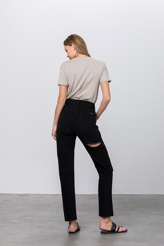 High Waist Destroyed Mom Jeans, black non-stretch denim with ripped knee, back view, size 3.