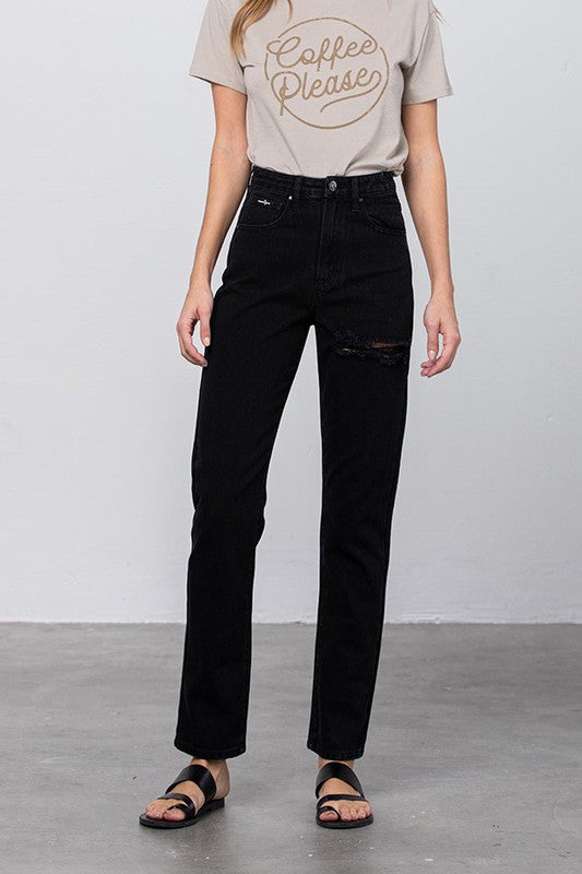 Black high-waist destroyed mom jeans with ripped knee, size 3, waist 28, inseam 29, model 5 ft 9 in.