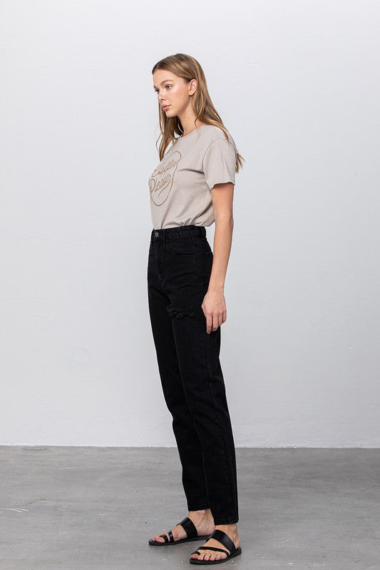 High Waist Destroyed Mom Jeans in black non-stretch denim with ripped details, size 3, worn by a model in side pose.