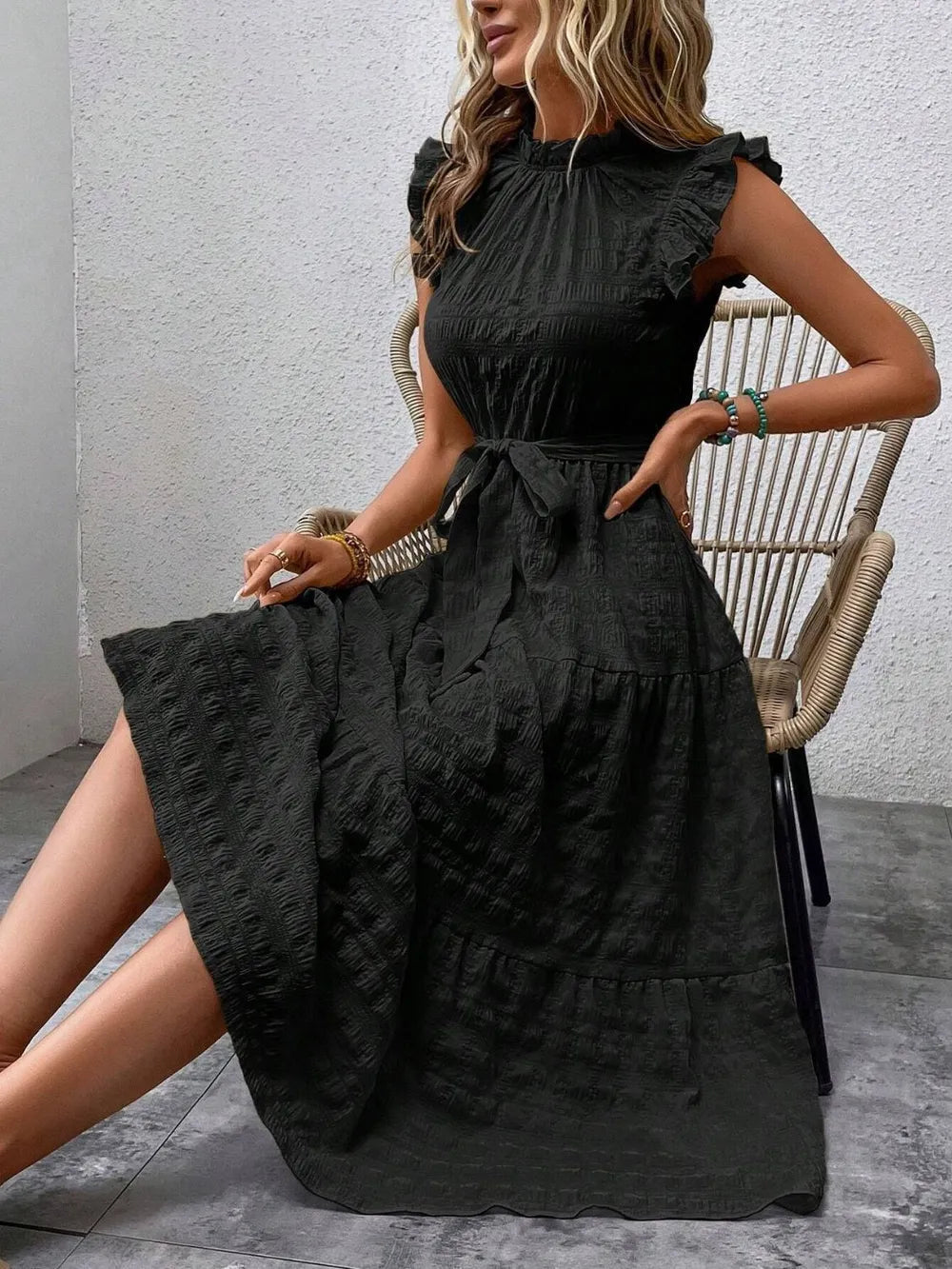 Tied Ruffled Cap Sleeve Midi Dress – Feminine Flowy Style