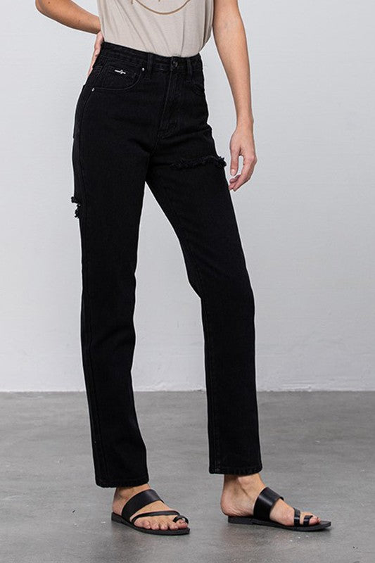 High Waist Destroyed Mom Jeans, size 3, black non-stretch denim with ripped knees and pockets.