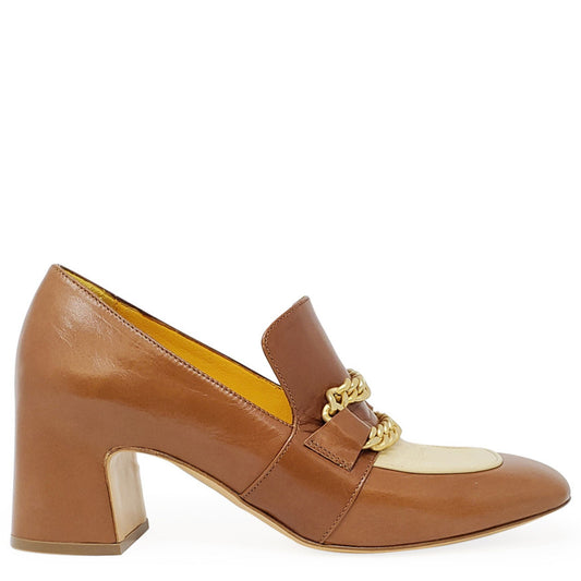Tan & Cream Leather Mid Heel Loafer W/Chain