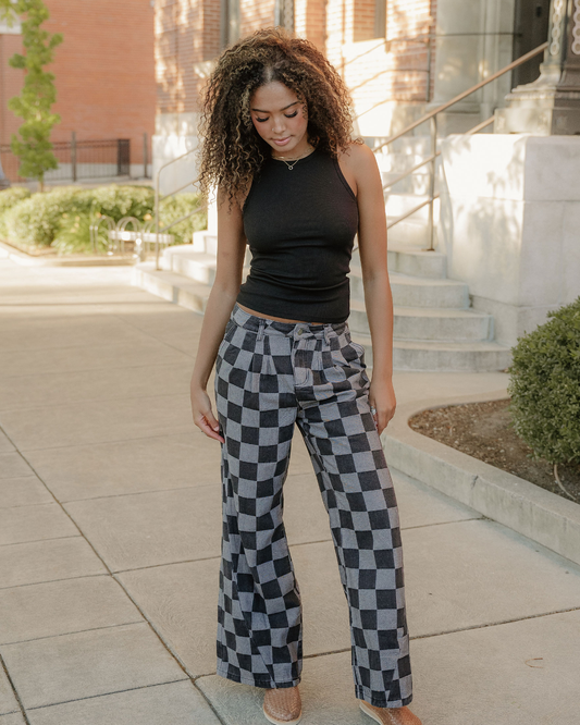 Naomi Checkered Denim Wide Leg Jeans