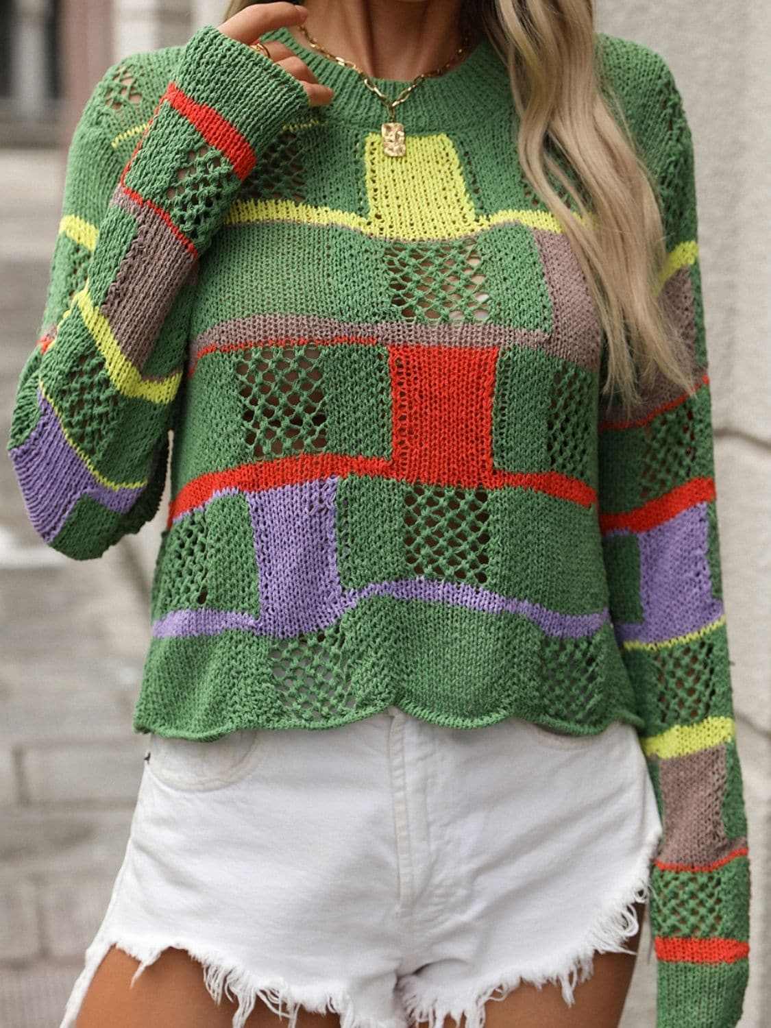 Trendsi Colorful crochet round neck pullover