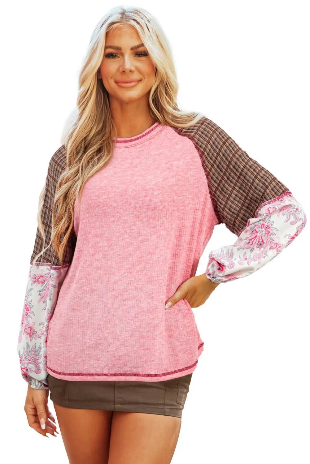 Love Salve Fushia Patchwork Top Women's Casual Knit Top: Ribbed & Raglan