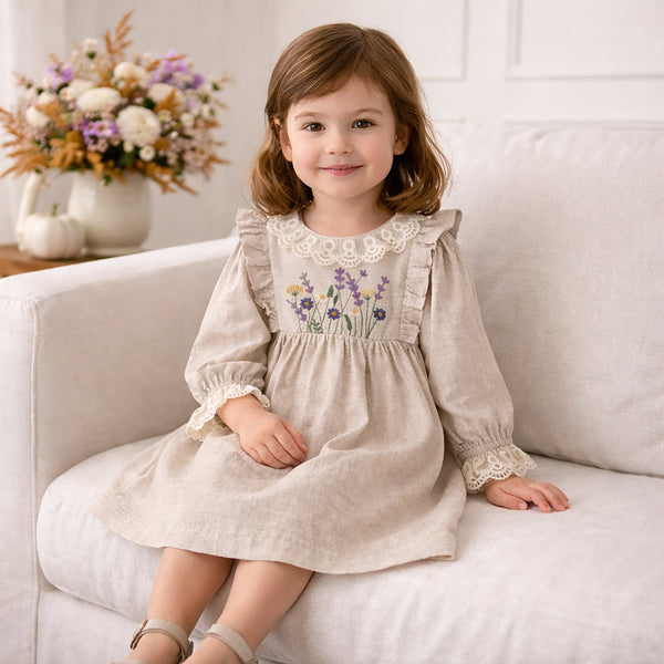 Embroidered Wildflower Linen Dress With Lace Trim