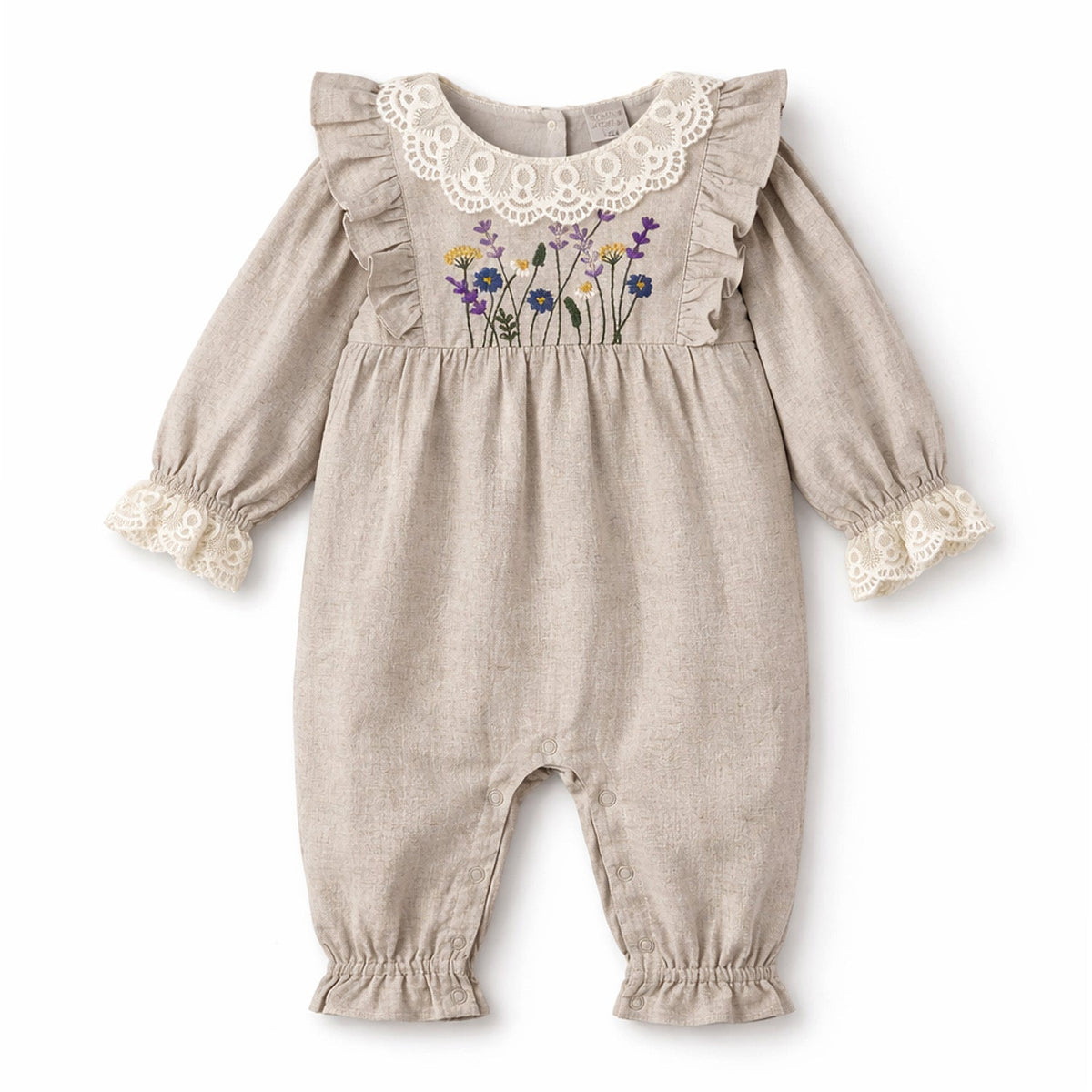Embroidered Wildflower Linen Baby Romper With Lace Trim