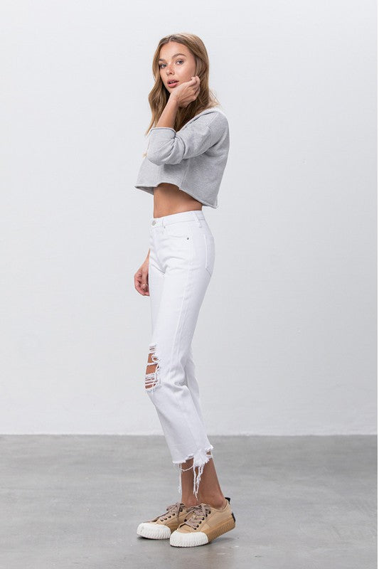 High Waist Ripped Frayed Hem Straight Jeans