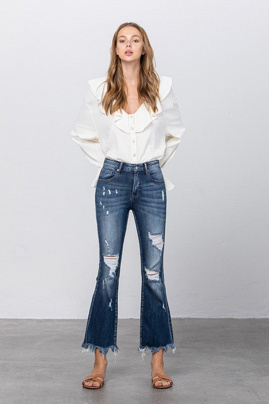 Stretch Mid Rise Crop Flare Jeans