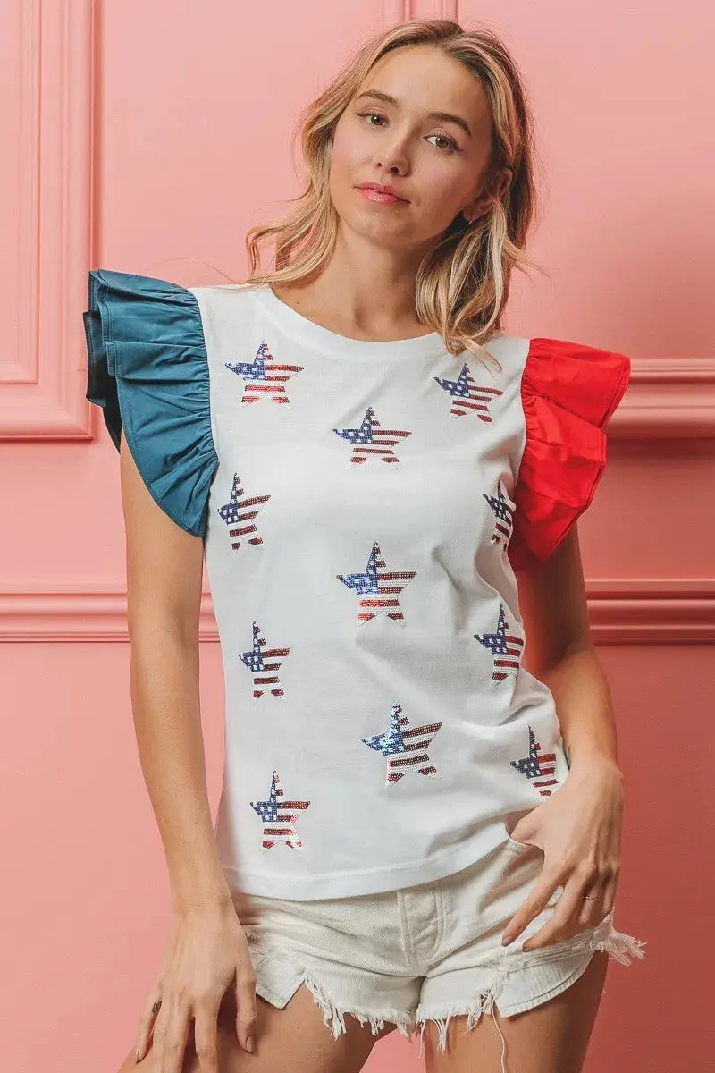 Women's T-Shirt - American Flag Sequin - Sparkly Patriotic Style
