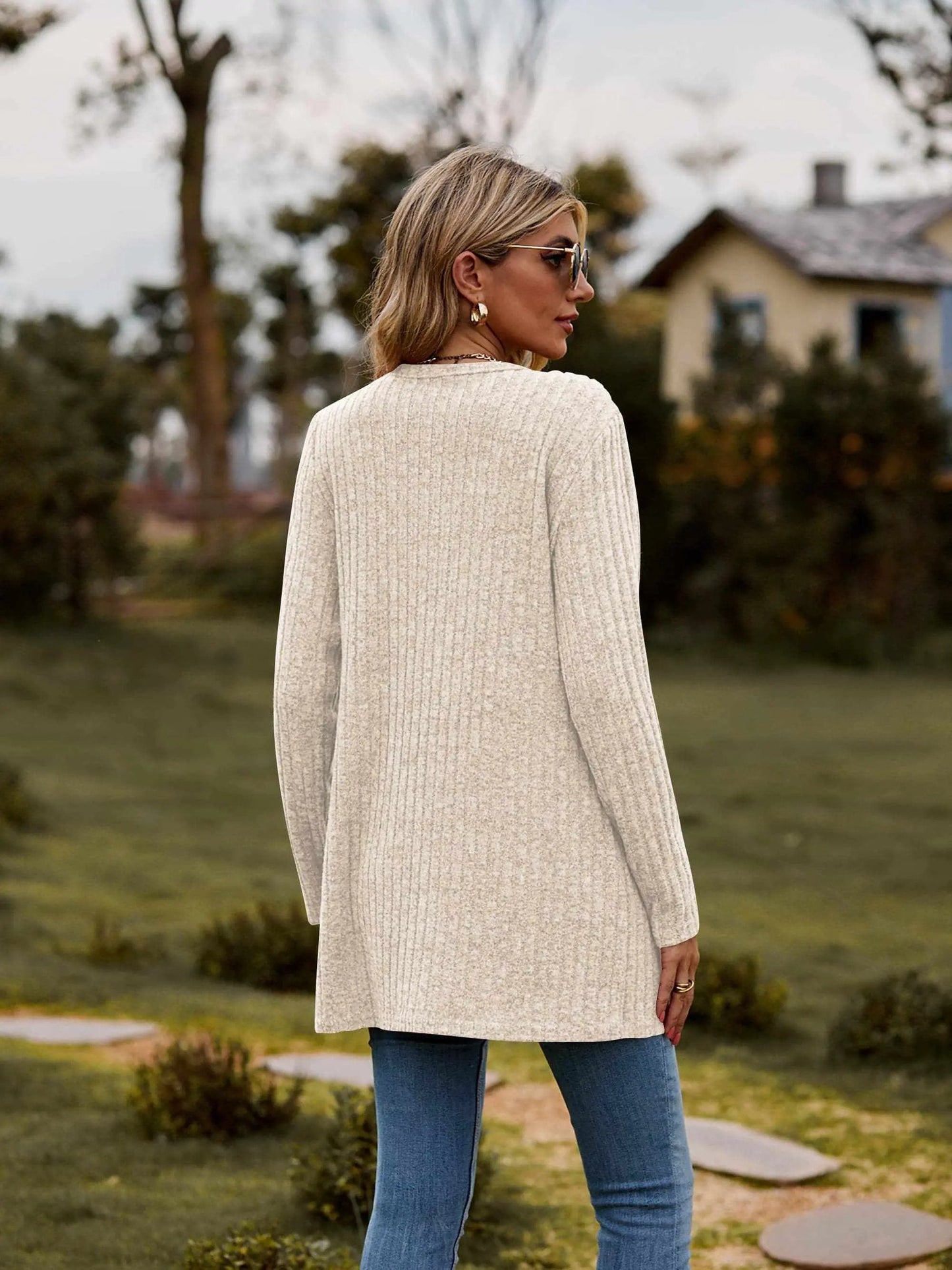 Trendsi Heathered ribbed cardigan with pockets
