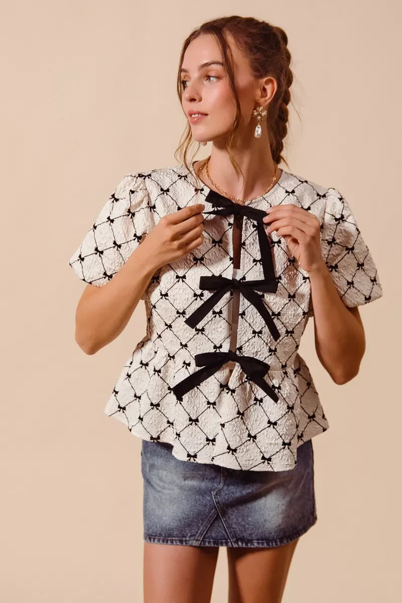 SO ME Bow Texture Woven Peplum Top With Contrast Tie