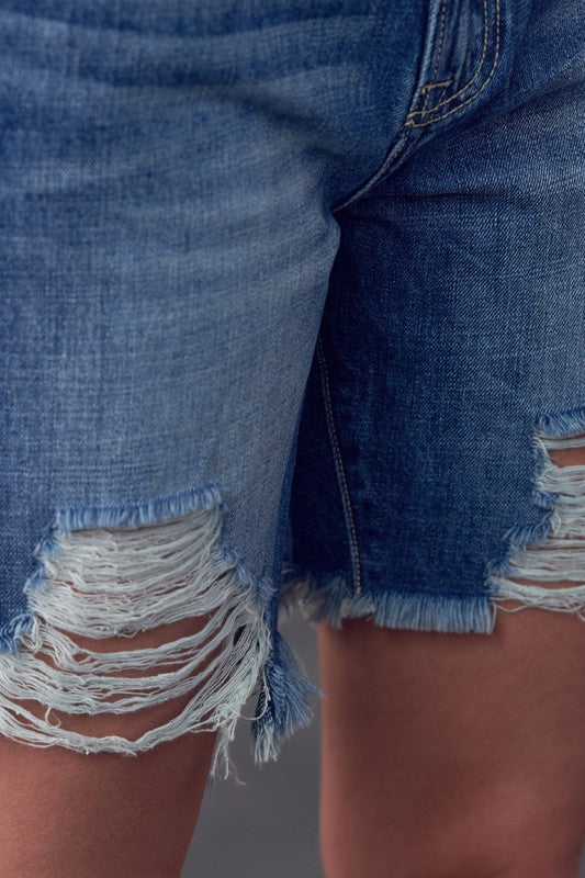 High Rise Ripped Bermuda Denim Shorts