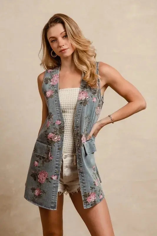 Denim Vest - Floral Print - Women's Chic Casual