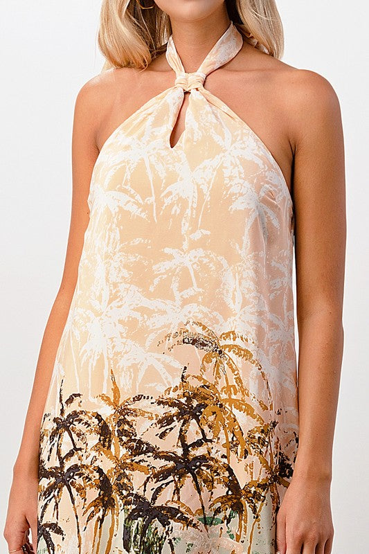 100 Silk Halter maxi dress with palm tree printed