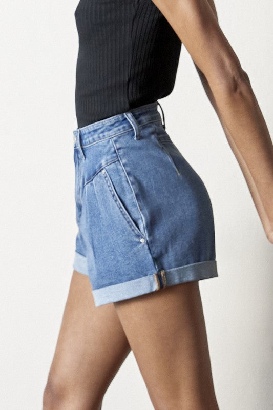 High Rise Roll Up Denim Shorts