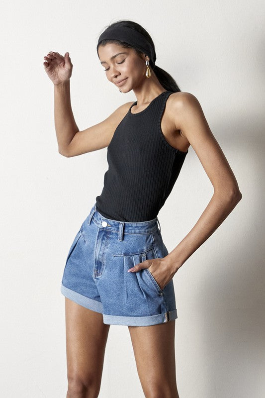 High Rise Roll Up Denim Shorts