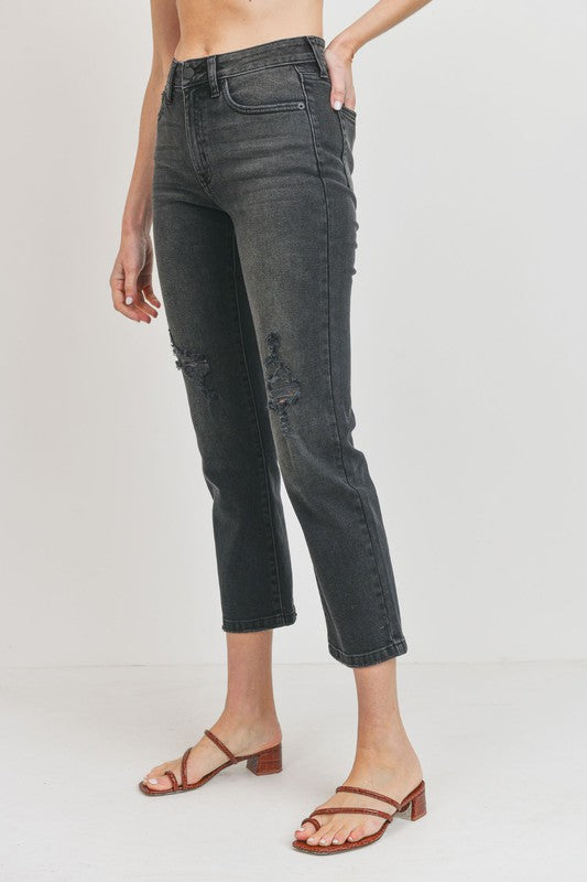 HIGH RISE STRAIGHT JEANS WITH DISTRESS