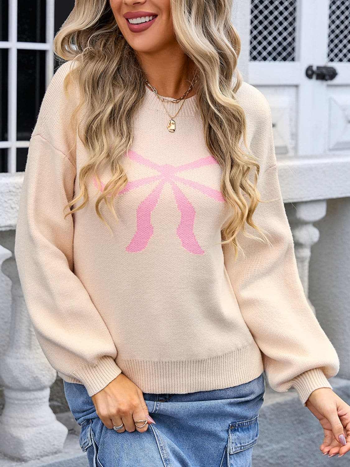Trendsi Charming bow print long sleeve sweater