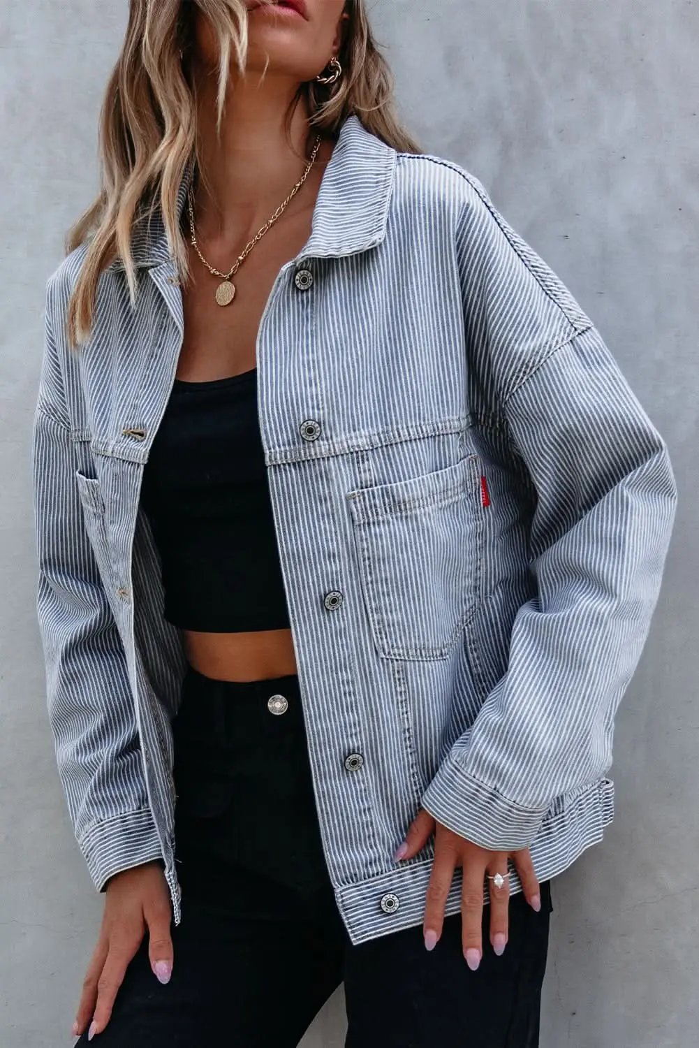 Love Salve Sky Blue Denim Jacket Women's Casual Oversized Pocketed Vintage