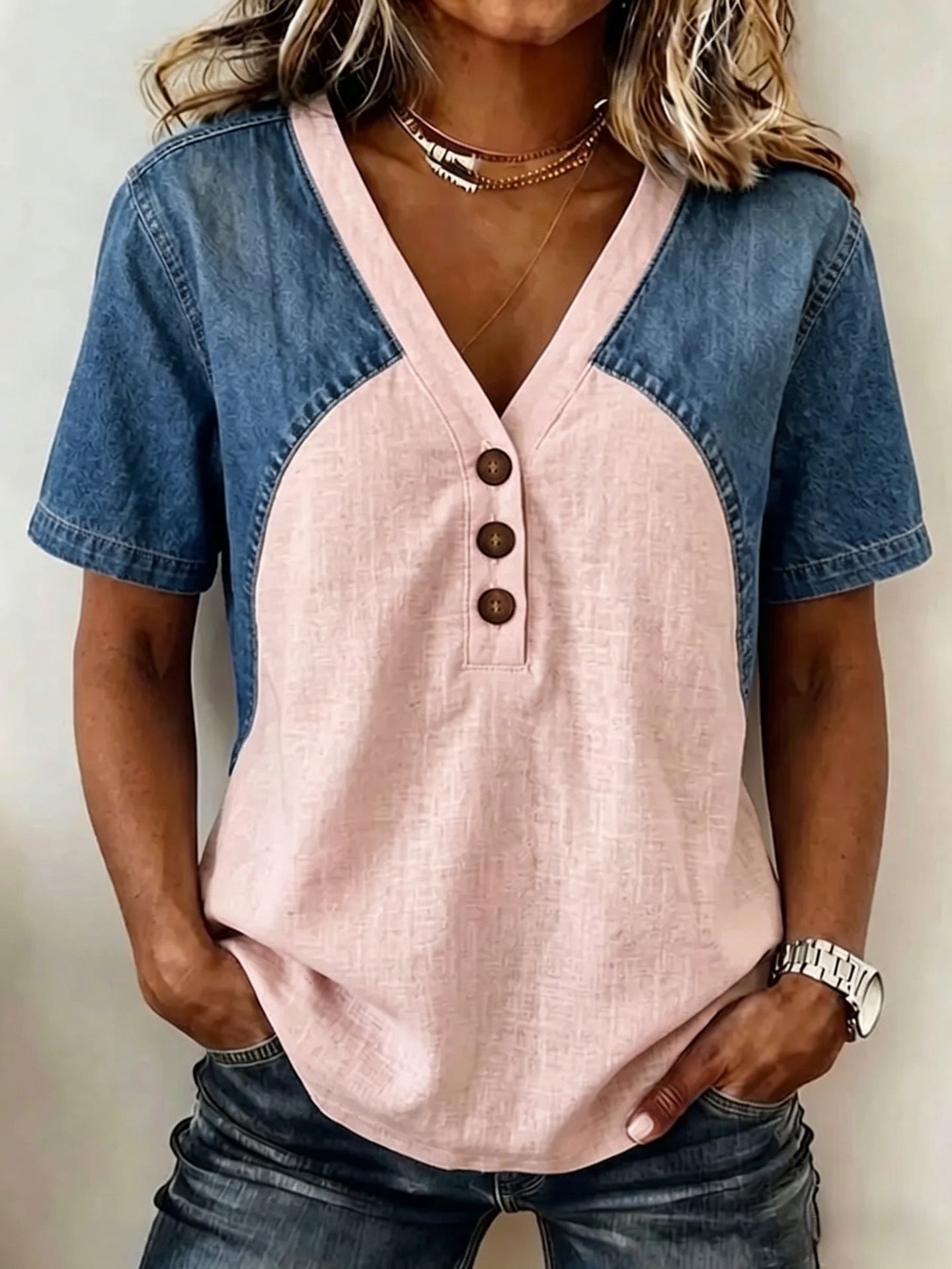 Women's Loose Denim Patchwork Color-Block T-Shirt