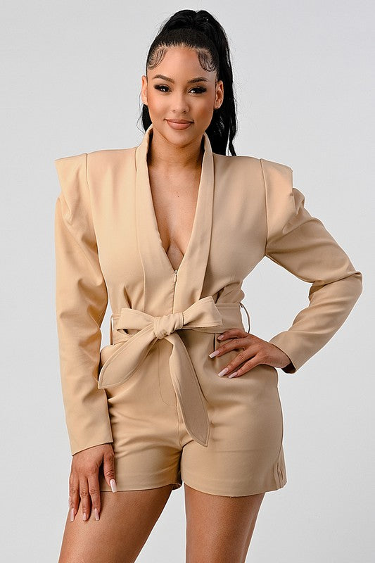 Business casual blazer romper with belt