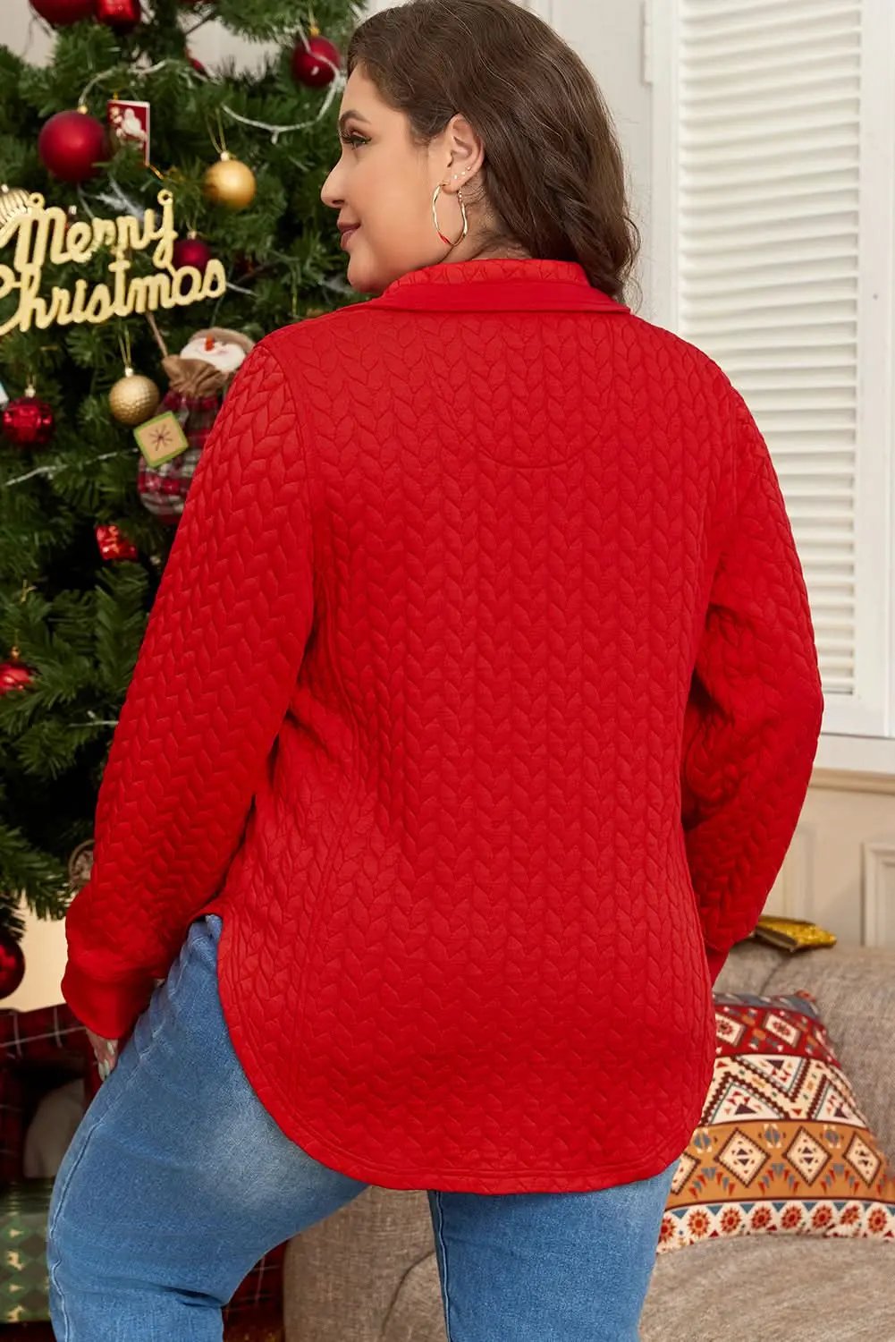 Pullover - Plus Size Tomato Red Cable Knit - Quarter Zip