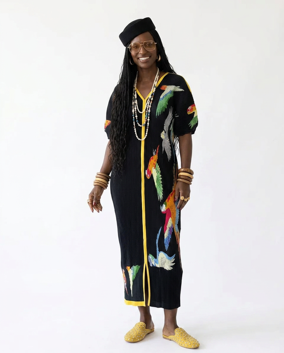 Spirited Pleated Bird Print Kaftan Dress