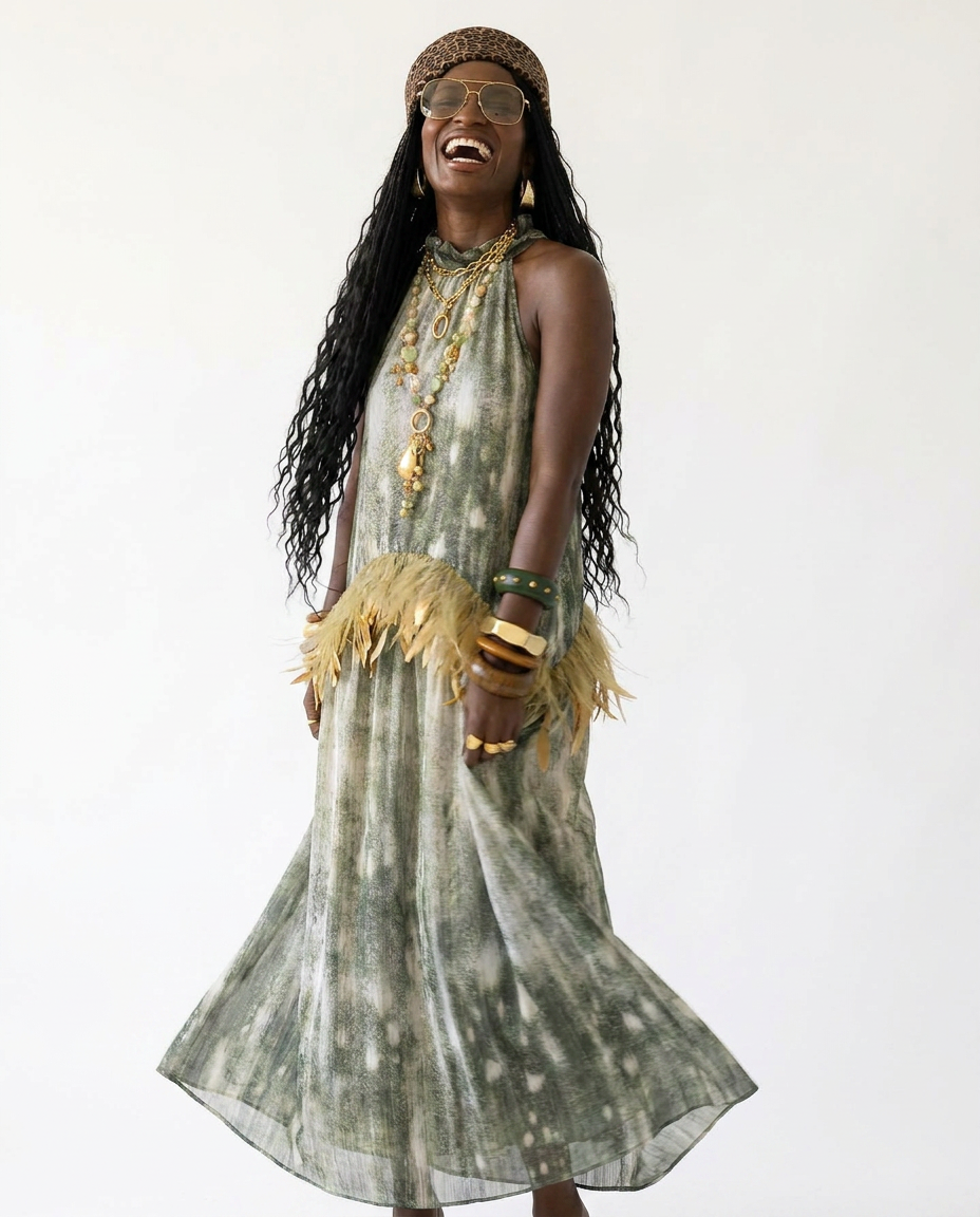 Wild Heart Feather Halter Maxi Dress
