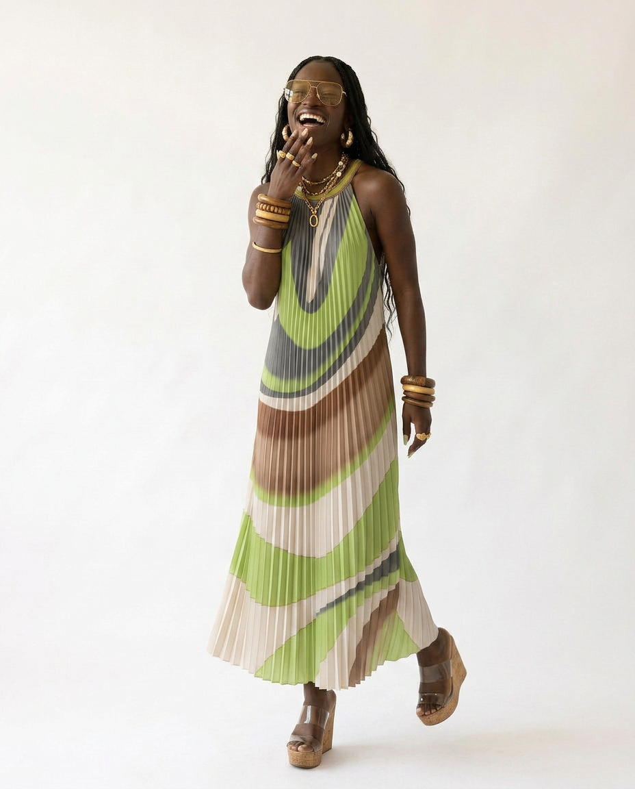 Boundless Pleated Halter Maxi Dress