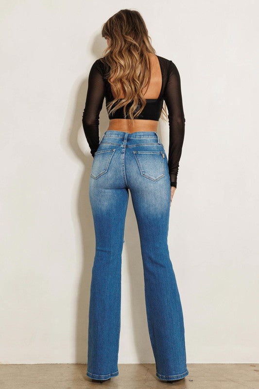 HIGH RISE DISTRESSED FLARE JEANS