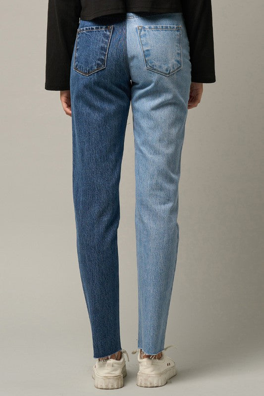 High Waist Two Tone Raw Hem Straight Jeans