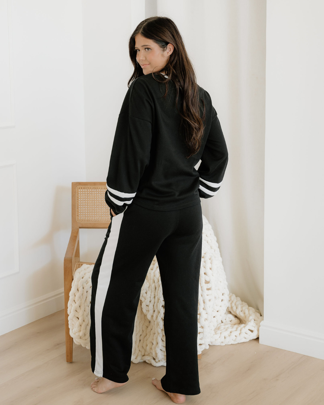 Jordyn Varsity Stripe  Drawstring Wide Leg Pant Set - Black