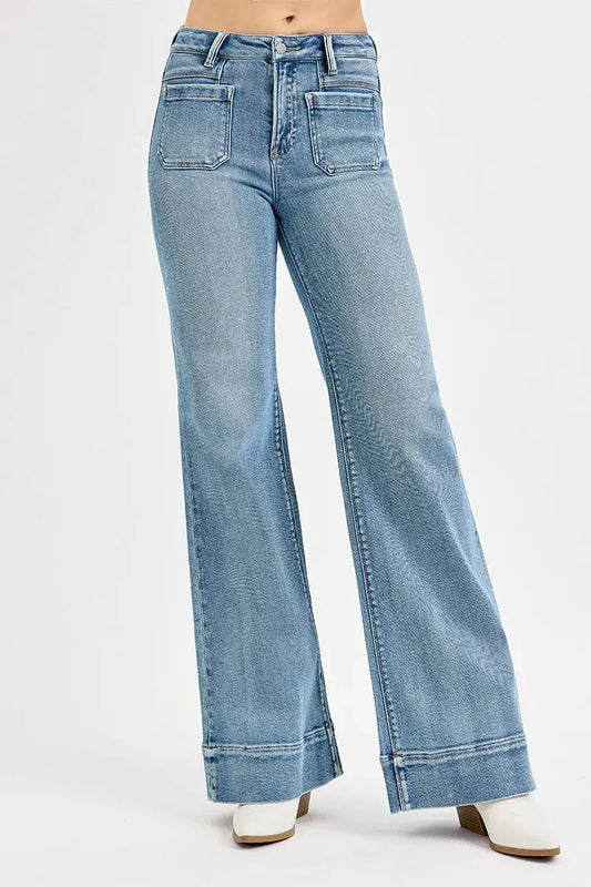 Jeans - High Rise Plus Size Patch Pocket - Wide Flare Denim