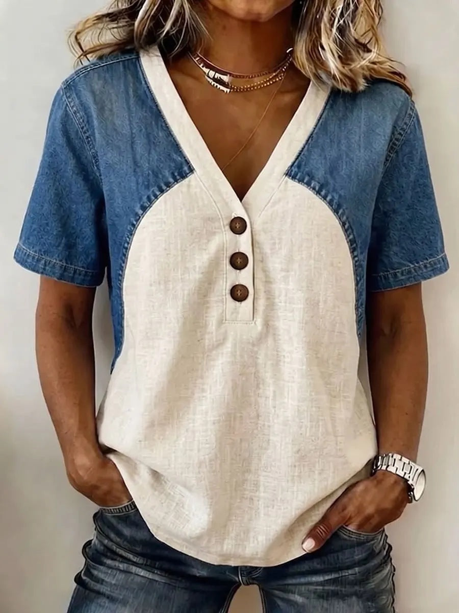 Women's Loose Denim Patchwork Color-Block T-Shirt