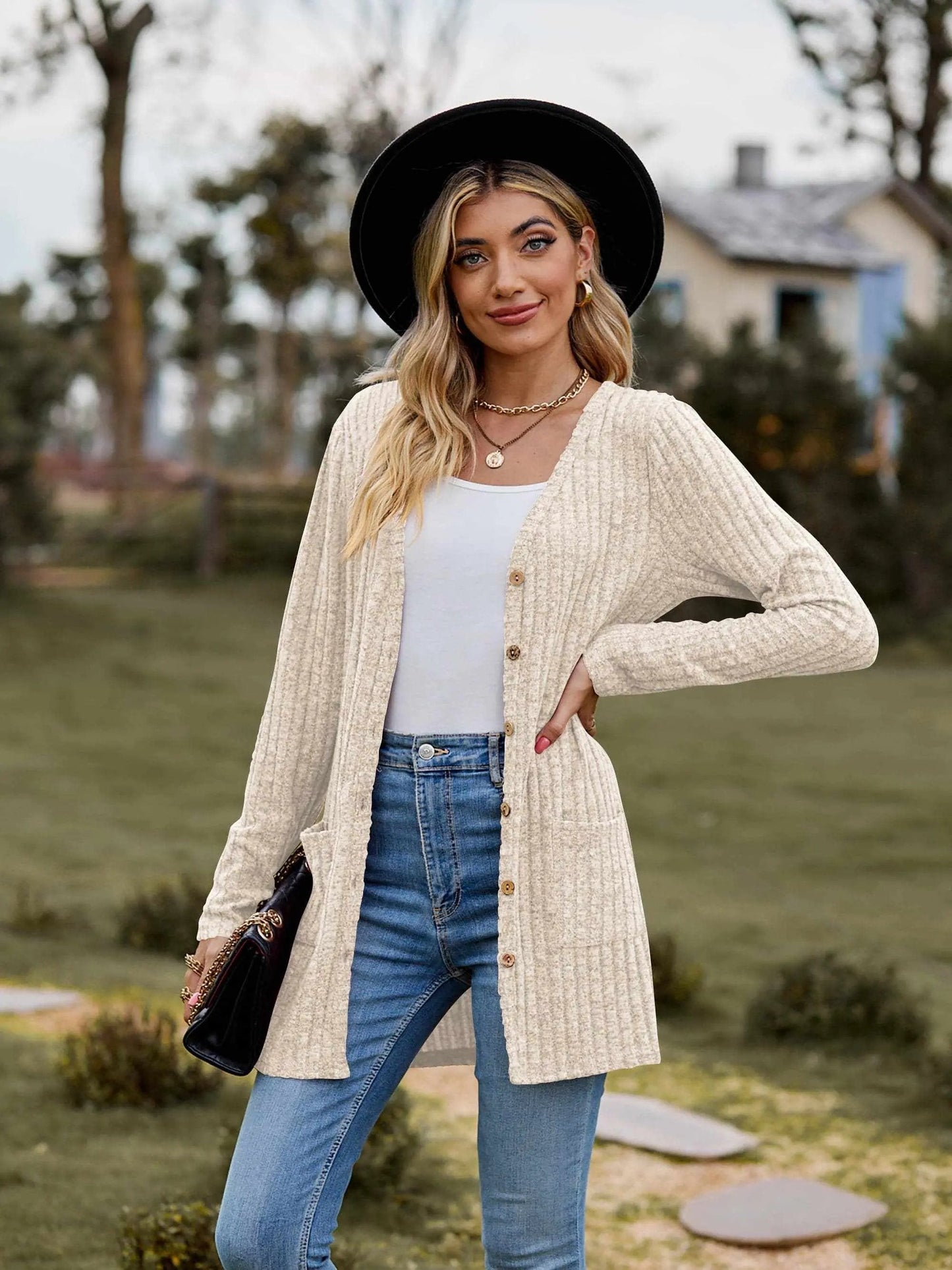 Trendsi Heathered ribbed cardigan with pockets