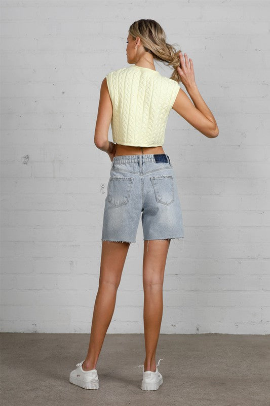 Button Down Raw Hem Denim Shorts