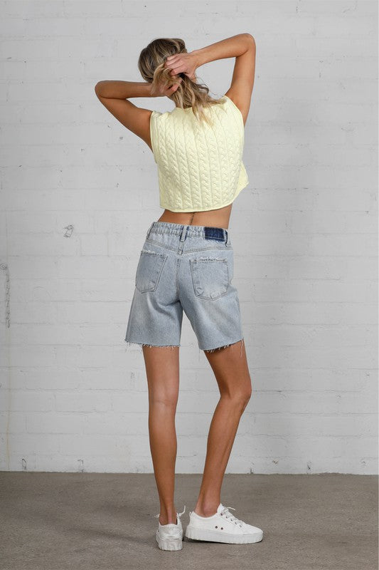 Button Down Raw Hem Denim Shorts