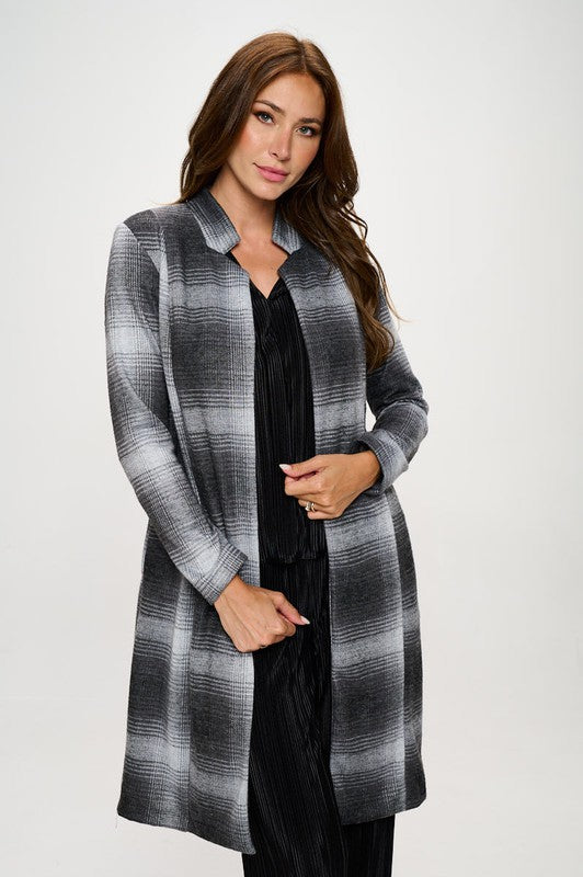 Made in USA Plaid Open Front Coat with Collar